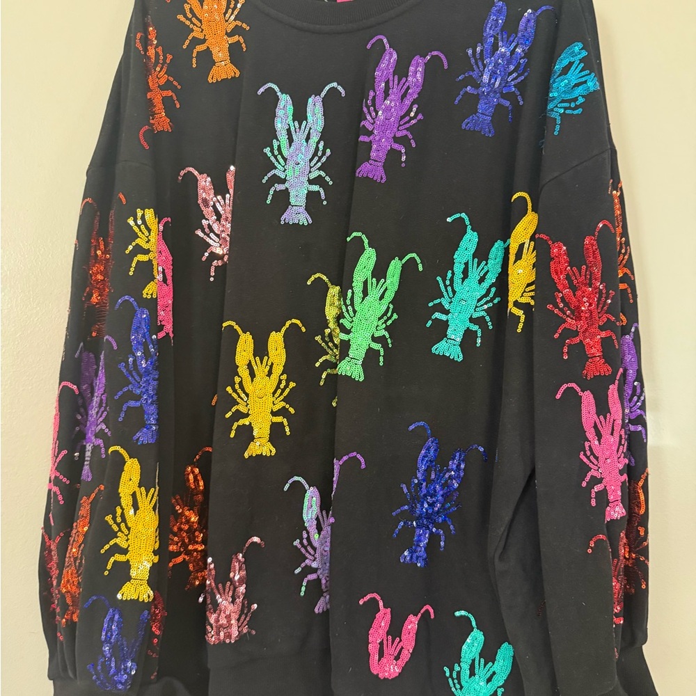 QUEEN OF SPARKLES Black Sweater with Colorful Lobster Design